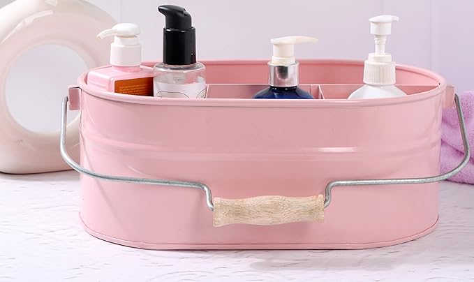 Alpha Living Home Farmhouse Utensil Caddy - 4 Compartment Silverware & Kitchen Organizer with Sturdy Wooden Handle, Heavy Duty Metal Alloy Utensil Holder Durable Powder-Coated Finish (Pink)