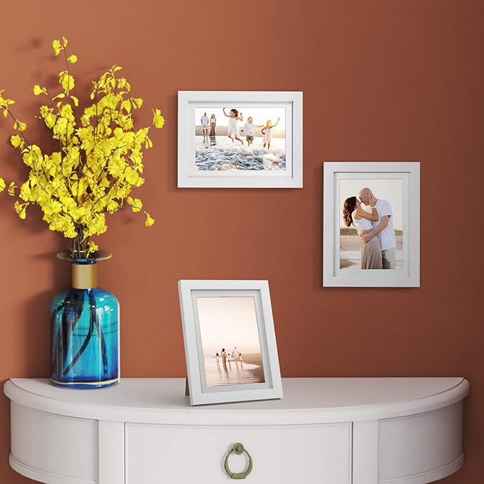 Giftgarden 5x7 Picture Frame Set of 4 White Wood Grain Frames for 5x7 Photos with Mat or 6x8 Without Mat, Wall or Tabletop Display
