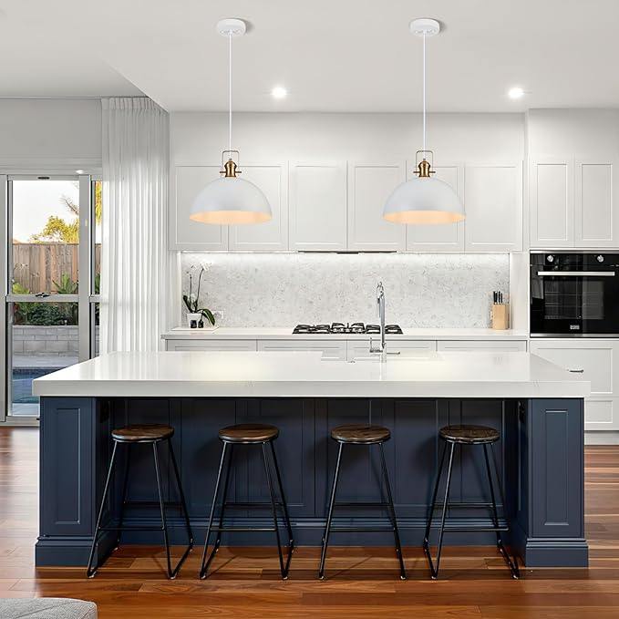 18 Inch Large Pendant Lights for Kitchen Island Matte White Farmhouse Pendant Light fixtures Adjustable Height Dome Hanging Light for Dinning Room Bedroom Hallway,1 Pack
