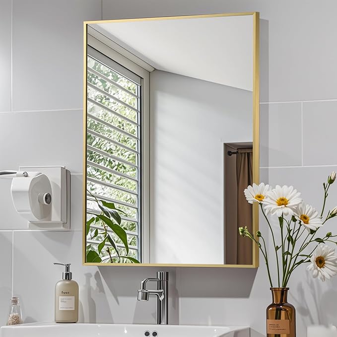 Gold Bathroom Mirror, 16"x20" Rectangle Mirror, Brushed Gold Mirror, Metal Frame Square Corner Vanity Mirror, Wall Mounted Mirror for Modern, Living Room, Bedroom, Horizontal Or Vertical