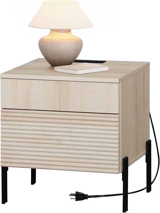 WAMPAT Fluted Nightstand with Charging Station,19.7" Tall Mid Century Modern Night Stands, Wood Side End Table with 2 Drawers, Wood Bedside Table with Metal Legs for Bedroom,Living Room, Beige
