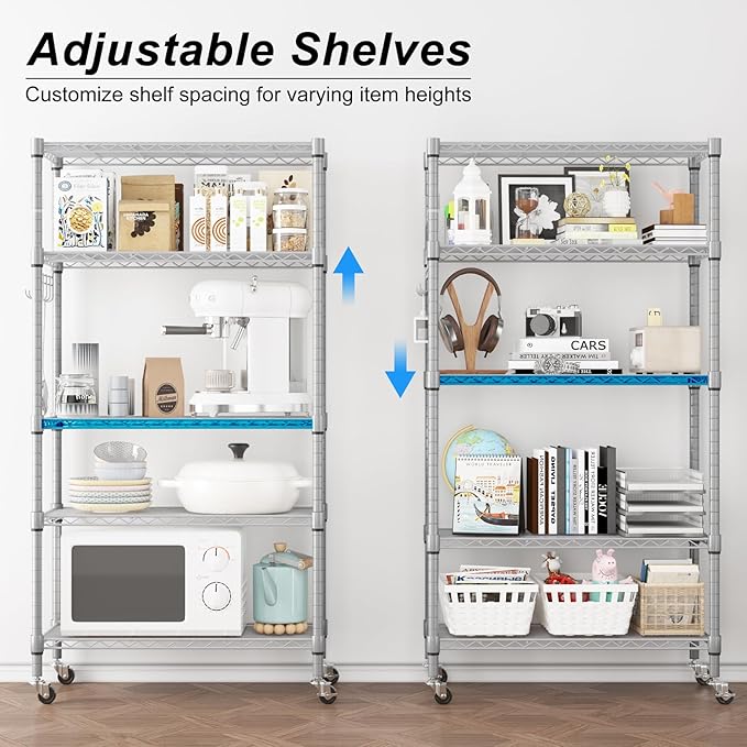 Homdox 5 Tier Adjustable Rolling Storage Shelves, Heavy Duty Wire Racks and Shelving, Metal Shelves for with Side Hooks Pantry Closet Kitchen Garage Organization, Silver Gray