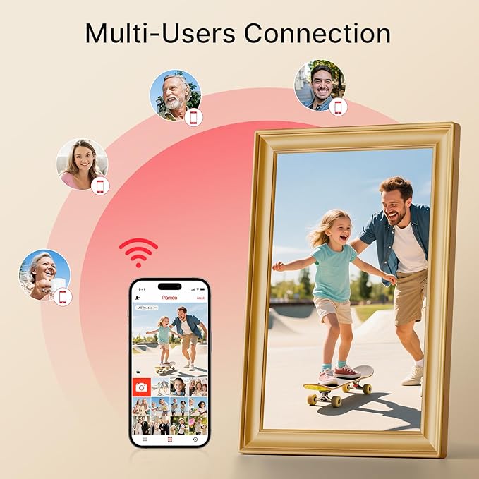 Frameo 10.1 Inch WiFi Digital Picture Frame, 1280x800 HD IPS Touch Screen Photo Frame Electronic, 32GB Storage, Auto-Rotate, Wall Mounted, Share Photos/Videos Instantly from Anywhere - Gold