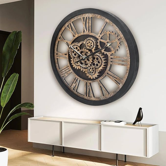 HOIBAI Wall Clock for Living Room Decor, Large, 24 in (60cm), Moving Gear, Farmhouse Vintage Industrial Oversized Wall Clock
