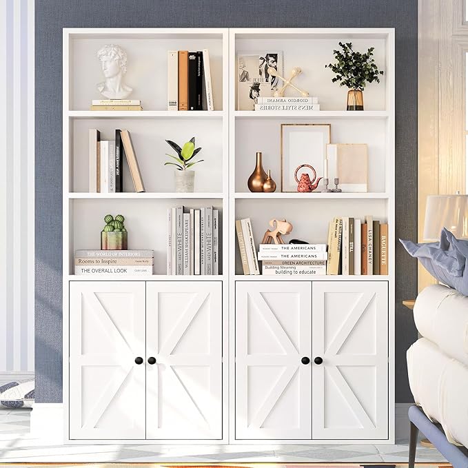 5 Tier Bookshelves and Bookcase with Doors Industrial Set of 2 Double Wide Floor Standing Book Shelf 59" Tall Display Shelves Bookshelf with Storage Cabinets for Living Room, White