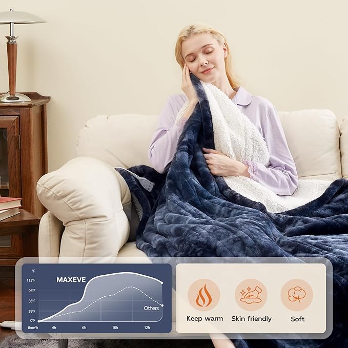 MAXEVE Electric Heated Throw Faux Rabbit Fur Blanket with 8 Heating Levels & 8H Auto Off, Fast Heating Warm Cozy Sherpa Washable Blanket with Over-Heat Protection, ETL Certification, Blue