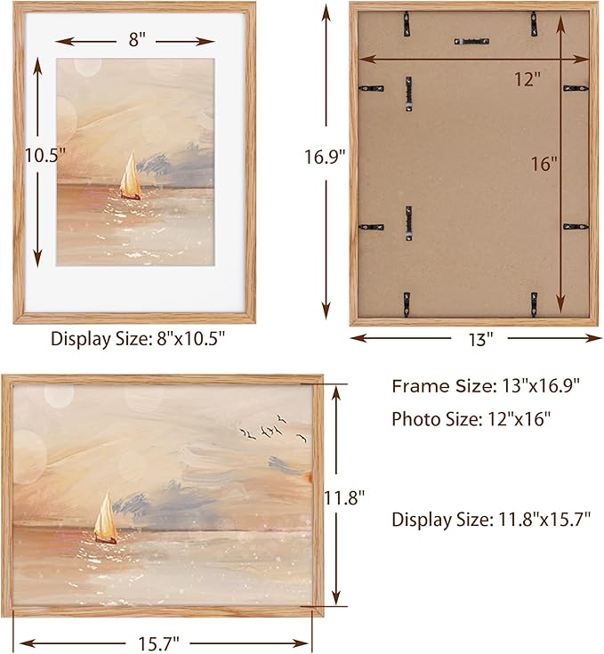 12x16 Picture Frame, Solid Oak Wood 12 x 16 Frame for Wall, 12 by 16 Picture Frames with Real Glass, 12x16 Frame Matted to 8.5x11, Rusitic Wood 12"x16" Poster Frame for Home Decor, Natural Oak Color, 1 Pack