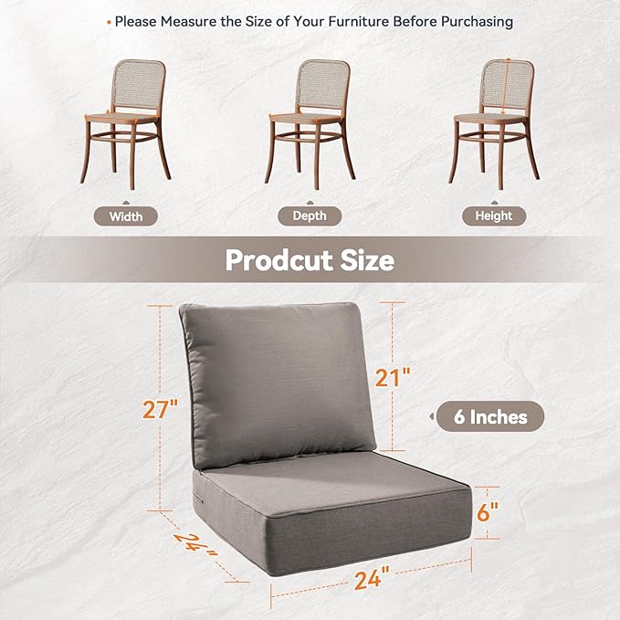 Luxury 6" Outdoor Cushions for Patio Furniture, 24x24x6 Thick Seat Cushion Set of 5, Fade Resistant Couch Chair Replacement Cushions High Density Deep Wicker Chair Cushion w/Removable Cover Gray