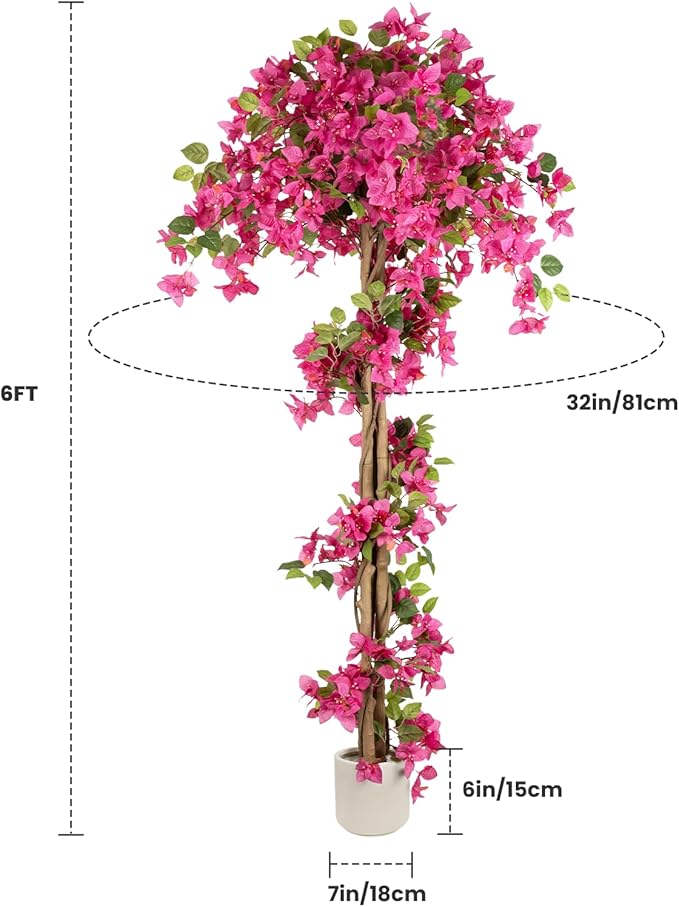 Romantic Season 6FT Artificial Bougainvillea Tree, Faux Silk Bougainvillea Plant with Pot for Indoor Outdoor Decor, Tall Fake Tropical Tree for Home, Office, Patio, Balcony, Wedding Decoration