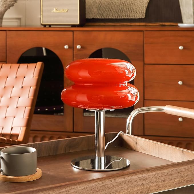 Mushroom Lamp for Bedroom,Mid Century Modern Lamp for Nightstand, Dimmable Retro Egg Tart Bedside Small Lamps,Unique Home Mushroom Decor Aesthetic Cute Table Lamps for Living Room(Orange Red)
