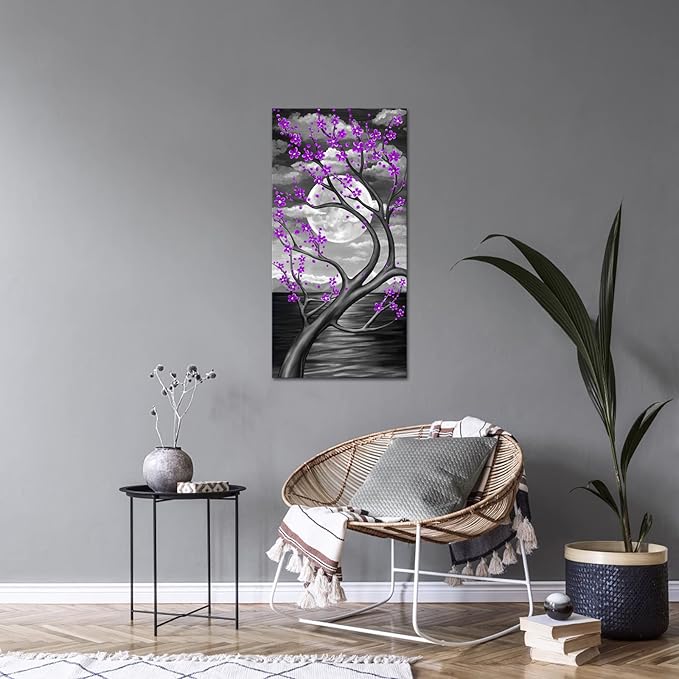 KREATIVE ARTS Purple Flower Tree Wall Art for Bedroom Cherry Blossom Tree in Full Moon Night Landscape Canvas Prints Artwork for Home Wall Decoration Ready to Hang Vertical 20x40inch (Purple)