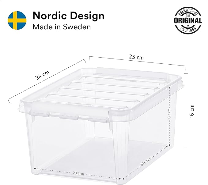 Classic 10 Clear Plastic Storage Boxes, 8L/8.5QT BPA-Free Stackable and Nestable Container with Secure Lid, Swedish Made Plastic Bins for Organization, L13.39 x W9.84 x H6.3-10 Pack