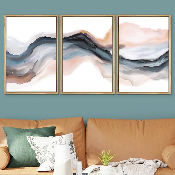 SIGNWIN Framed Canvas Print Wall Art Set Pastel Watercolor Blue Brown Ink Wave Smoke Landscape Abstract Shapes Illustrations Modern Art Decorative for Living Room, Bedroom, Office - 24"x36"x3 Natural