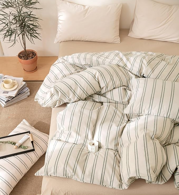VM VOUGEMARKET 100% Washed Cotton Striped Duvet Cover Sets King,Beige Duvet Cover with Gray Stripes Pattern Printed Comforter Cover with Zipper Closure & Corner Ties(3pcs,King Size)