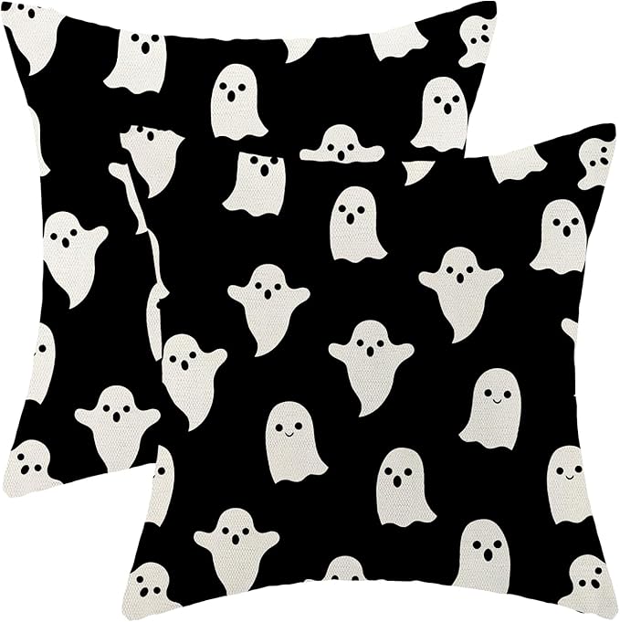 Halloween Ghost Pillow Covers 22x22 Set Of 2 - Black Cute Throw Pillows For Halloween Home Decoration - Decorative Cushion Cases For Couch, Sofa, Outdoor Decor