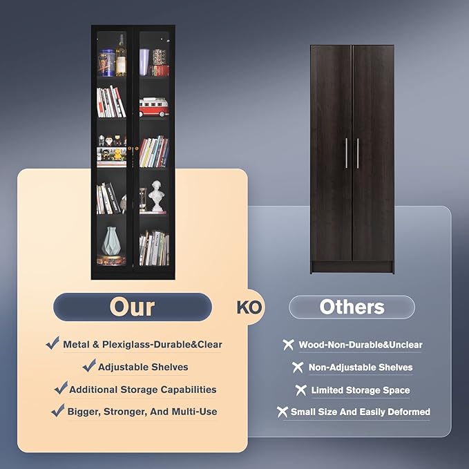 Metal Curio Storage Cabinet with 4 Adjustable Shelves and Acrylic Door, 72" Dust Proof Display Cabinet, 5 Tier Bookcase for Home Office, Living Room, Pantry
