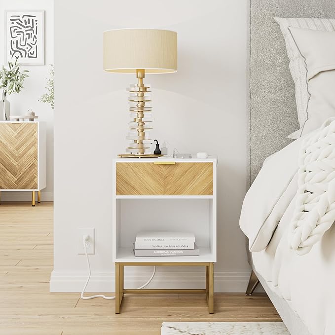 Masupu Extra Large Nightstand with Charging Station,Boho Night Stand Modern Farmhouse Wood Bedside Table with Storage Drawer and Open Shelf,Side End Table for Bedroom,Living Room,Office White