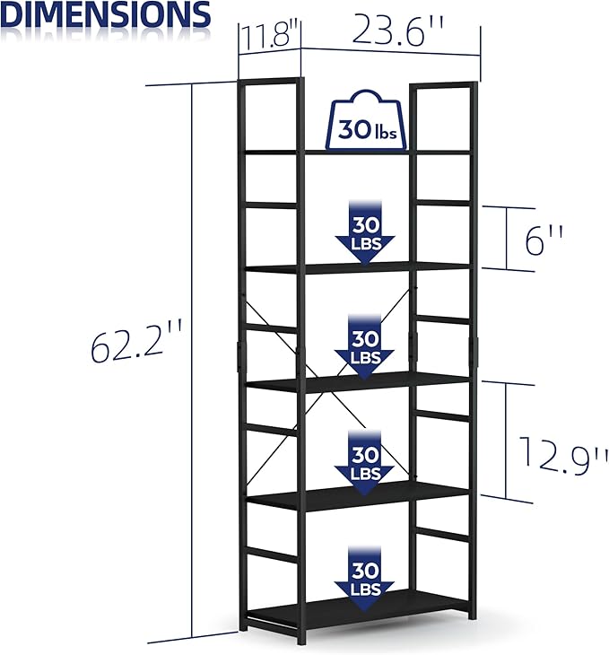 NUMENN 5 Tier Bookshelf, Tall Bookcase Shelf Storage Organizer, Modern Book Shelf for Bedroom, Living Room and Home Office, Black