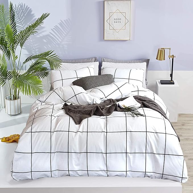 Pureant White Plaid Comforter Sets Full Size Black and Grid Bedding Comforters Cotton Women Men Modern Simple Geometric Quilt Adults Teens Buffalo Soft Full(80''*90''-Comforter)