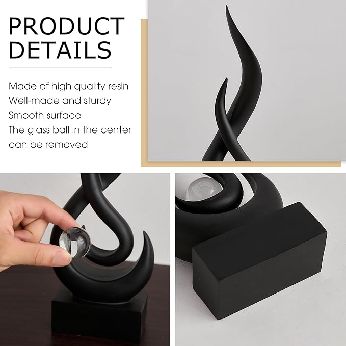 FJS Black Decor Modern Flame Statue Home Decorations for Living Room, 11.8" H Shelf Decor Accents, Abstract Art Resin Sculpture for Dining Room Office Coffee Table Centerpiece