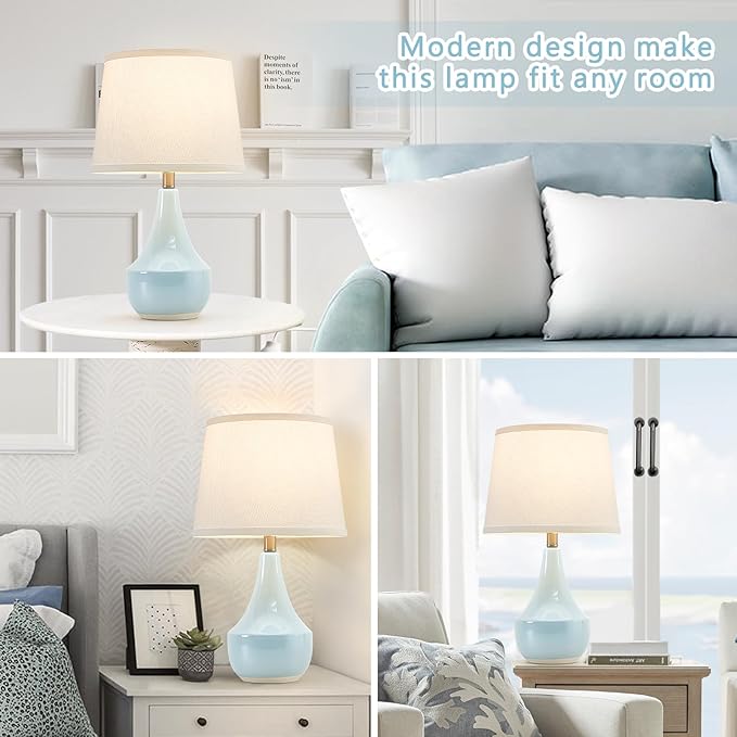 GyroVu Table Lamp Set of 2, 18.63” Ceramic Lamp Classic Beside Lamps Nightstand Lamp Modern Cute Lamp for Living Room, Bedroom & Office Rocker Swtich Sky Blue-LED Bulbs Included