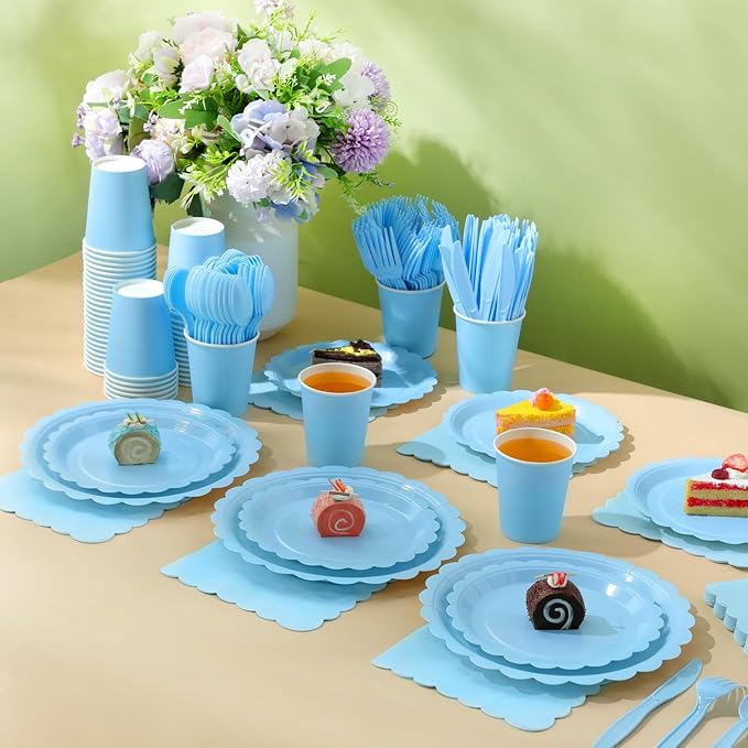 200 Pcs Light Blue Plates and Napkins, 25 Guest Spring Party Supplies Include Scalloped Paper Plates Napkins Cups Plastic Spoons Forks Knives Disposable Tableware Set for Baby Shower