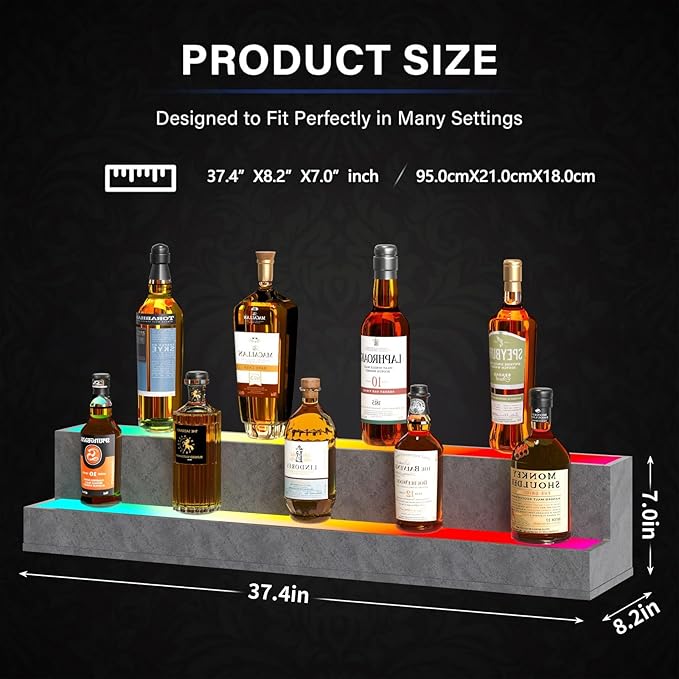 LED Lighted Liquor Bottle Display Shelf, 38 Inch Bar Display Shelf, DIY Illuminated Bottle Shelf with App & Remote Control, 2 Step Freestanding Holding Bottles for Home Bar, Party, Grey