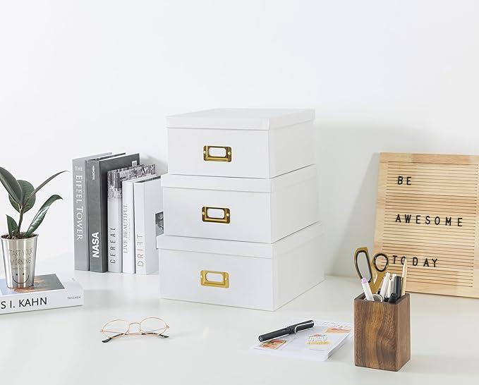 Soul & Lane White Kraft Paper Boxes for Storage - Set of 3 Square Stacking Boxes with Lids and Gold Label Holders, Decorative Photo Storage, Nesting Cardboard Containers for Decor and Organizing