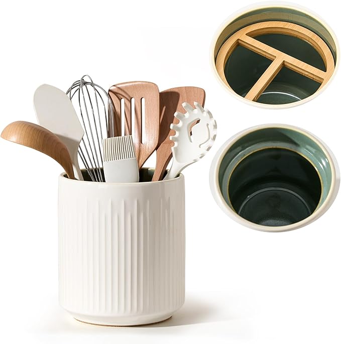 JIEMEI HOME Kitchen Utensil Holder, 7.2" Large Ceramic Stable Utensil Crock for Countertop, Utensil Organizer with Cork Mat, Removable Bamboo Divider for Easy, Kitchen Decor, White & Green