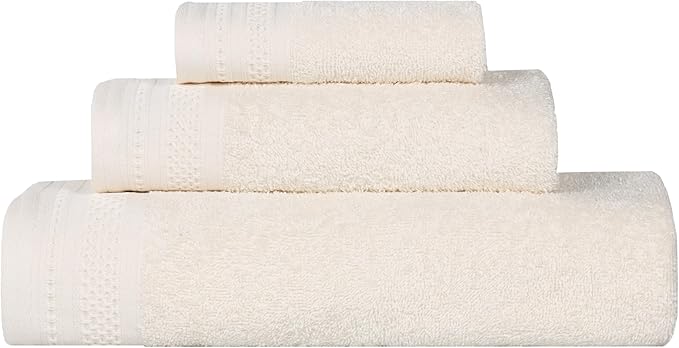 Superior Honeycomb Cotton Medium Weight Towels, for Guest Bath, Master Bathroom, Shower, Quick Dry, Adults, Home Essentials, Textured Waffle Border, Assorted Towel Set, 3 Piece Towel Set, Ivory