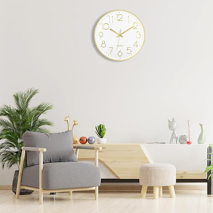 Foxtop 14 Inch Large Silent Non-Ticking Gold Wall Clock Battery Operated Round Quartz Modern Wall Clock Decorative for Living Room Bedroom Kitchen Home Office