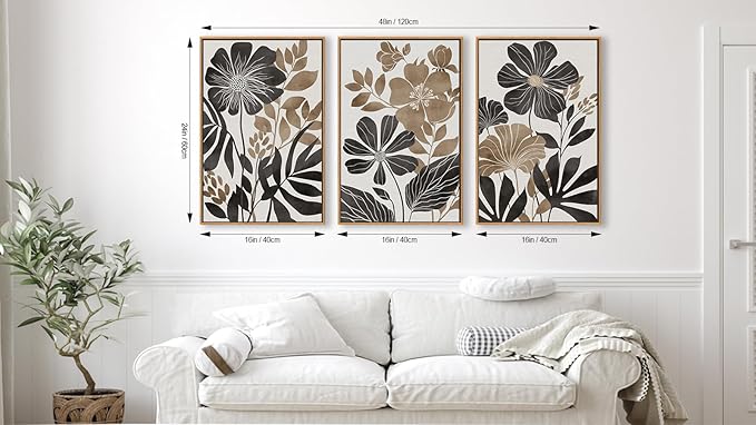 Large Framed Canvas Wall Art - Natural Float Framed Rustic Black Flowers Leaves Pictures Decor Brown Floral Foliage Artwork for Bedroom Living Room Kitchen Home Office Decoration 48" X 24" Set of 3