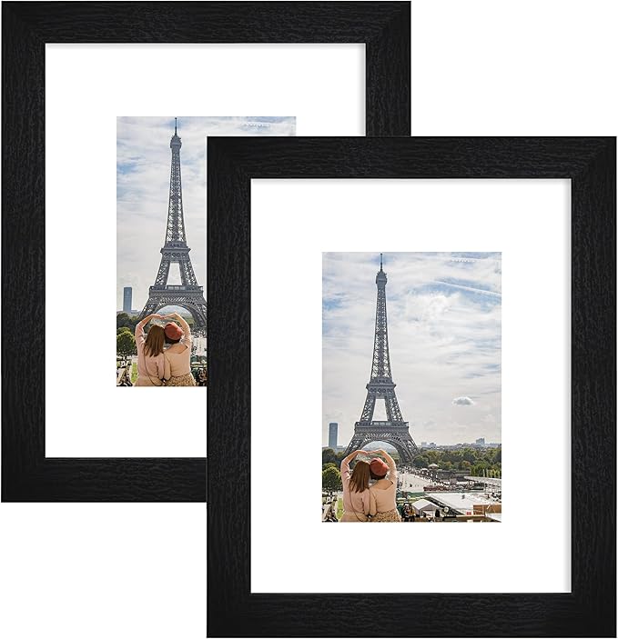8x10 Picture Frame Set of 2, Made of Real Glass and Rustic Black Wooden Frame - Display Picture 5x7 with Mat or 8x10 Without Mat, 8 by 10 Photo for Wall or Tabletop