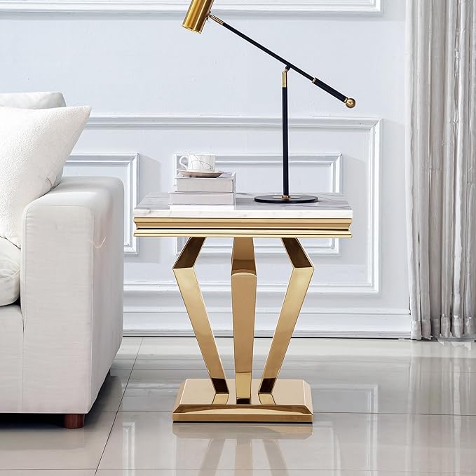 SSLine Modern White Faux Marble End Table Luxury Square Sofa Side Table with Gold Diamond Base Mid-Century Elegant Bedside Table w/Mirrored Stainless Steel Frame for Living Room Bedroom