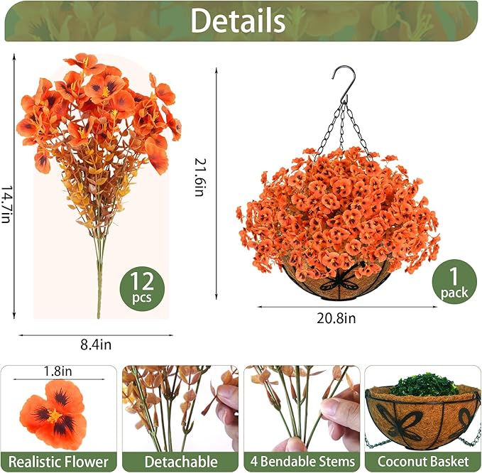 Agusbagli Artificial Hanging Fall Flowers with Baskets for Outdoors Fake Hanging Autumn Plants UV Resistant Faux Orange Flowers in Basket Decor for Porch Patio Garden Yard Window Home Fall Decor