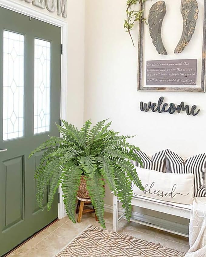 Artificial Fern Plants in Pot 34.6" Large Artificial Boston Fern 39 Leaves for Outdoors & Indoor Faux Potted Plant Fake Ferns Bush Plant for Patio Garden Farmhouse Porch Home Decor Dusty Green