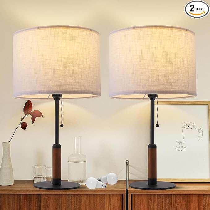 21" Set of 2 Modern Table Lamp Bedside Lamps for Bedroom Living Room Nightstand Lamp for End Tables 3-Color Pull Chain Wood Fabric for Home Office Desk Decor (Off White+Sand Black)