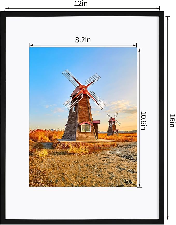 12x16 Metal Picture Frame Set of 2, 12 x 16 Aluminum Photo Frames with 8.5x11 Mat - Sawtooth Hangers, Spring Clips for Wall Mounting Horizontal and Vertical(Black)