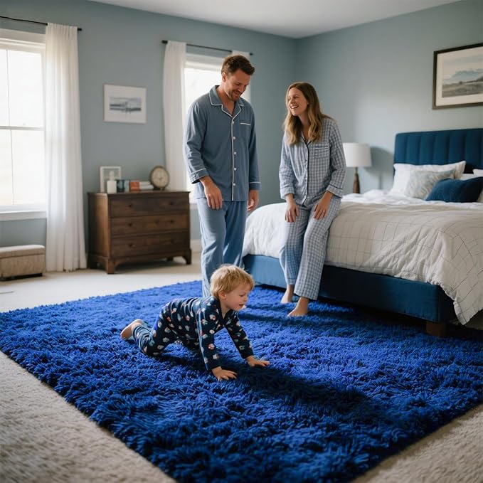 Area Rugs for Bedroom Living Room, 4x6 Soft Large Fluffy Fuzzy Shag Plush Furry Carpet, Soft Indoor Floor Mat for Kids Nursery Home Dorm Office Decor Aesthetic, Blue
