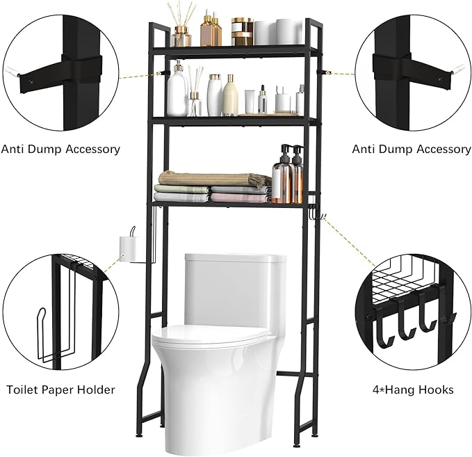 Over The Toilet Storage 3 Tier Over Toilet Bathroom Organizer Wooden Bathroom Space Saver Freestanding Above Toilet Stand with 4 Hooks Black Over The Toilet Rack for Restroom, Laundry