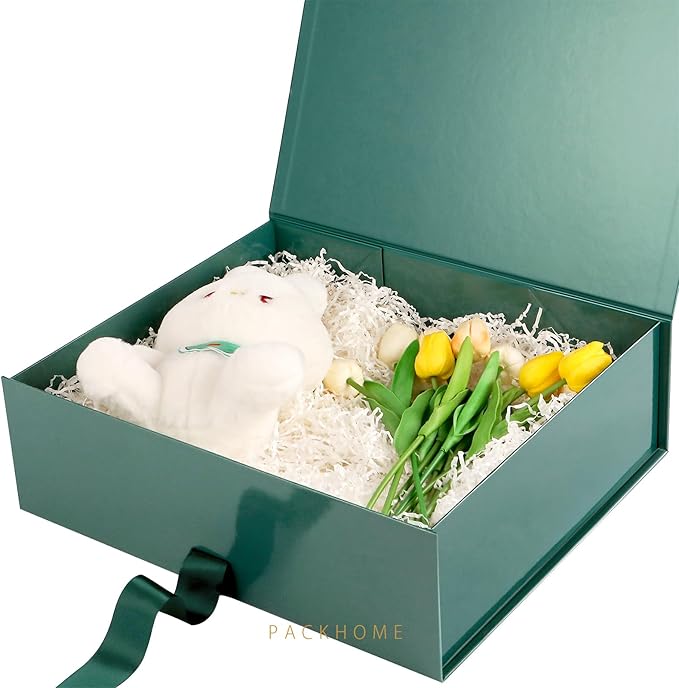 PACKHOME 17x14.5x5.5 Inches, Extra Large Gift Box with Lid, Magnetic Closure Boxes with Ribbon for Clothes and Large Gifts (Glossy Green)