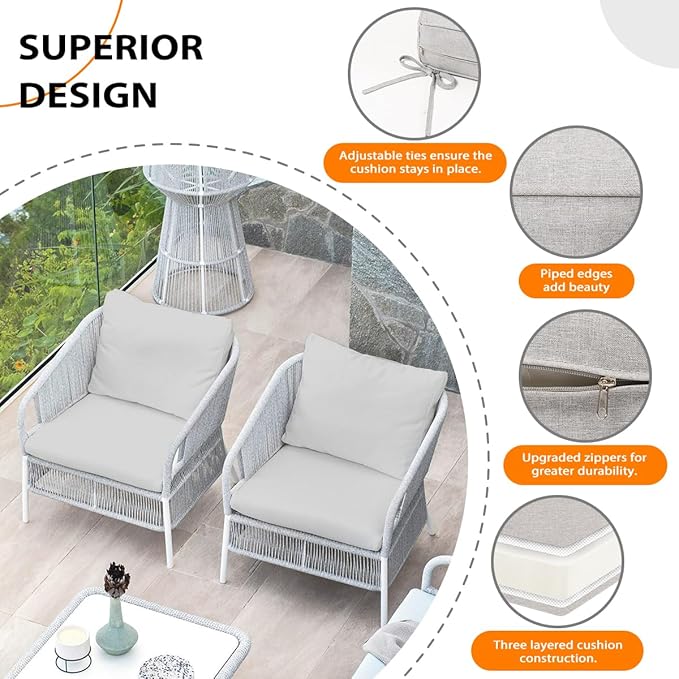 Sundale Outdoor Olefin Deep Seat Cushion Set of 2, Patio Chair Cushion and Pillow, Water-Resistant Sectional Sofa Pad with Straps Light Gray, 24 x 24 x 4 Inches