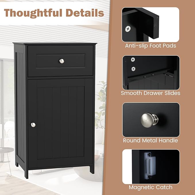 Tangkula Small Bathroom Cabinet for Small Spaces, Free-Standing Single Door Storage with Adjustable Shelf, Anti-Tipping Device, Smooth Drawer, Floor Cabinet for Bathroom & Living Room (Black)