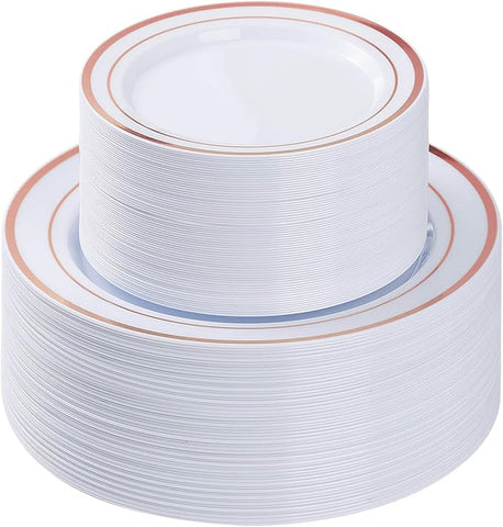 100PCS Rose Gold Plastic Plate, Disposable Party Plates with 50 Dinner and 50 Dessert Plates, Plastic Plate for Party, Wedding and Birthday