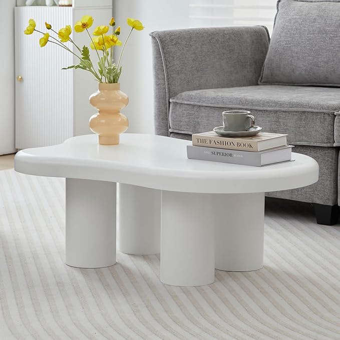 Cloud Coffee Table, Cute Irregular Coffee Table with Wide Tabletop, Accent Center Table, Cloud Shape Modern Coffee Tables for Living Room, Home Office (White)