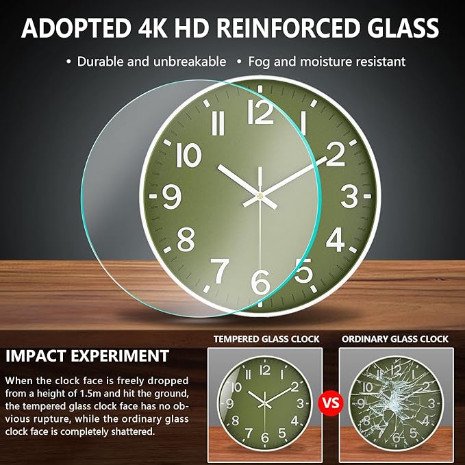 Wall Clock, 8 Inch Wall Clocks Battery Operated, Modern Non Ticking Silent Digital Analog Small Wall Clock for Bedroom Living Room Kitchen Office Gym Classroom Outdoor Clocks, Olive Green