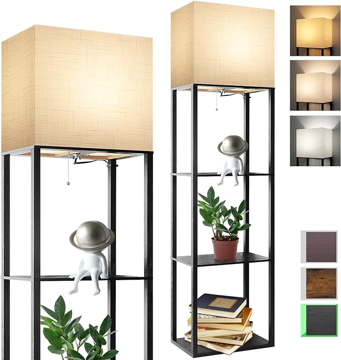 RUNTOP Plus Floor Lamp with Shelves, Shelf Lamp with 15W LED Bulb, 3 Colors, Memory Function, Wide Display Shelf for Collectibles Storge, Shelf Floor Lamps for Living Room, Standing Lamp for Bedroom