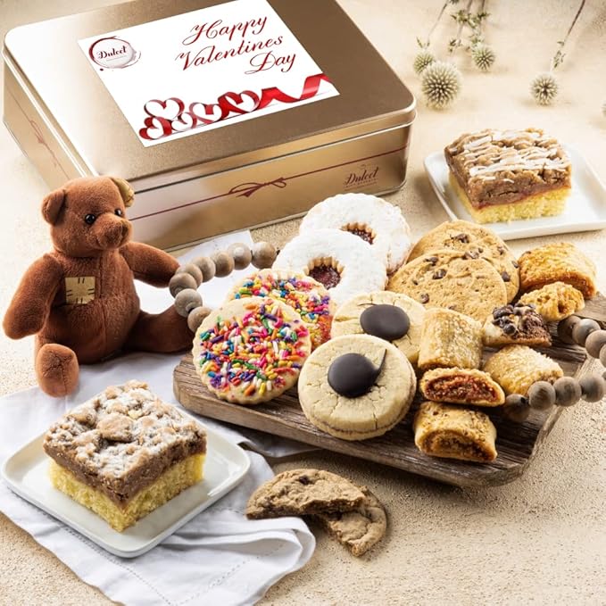 Dulcet Gift Baskets Happy Valentines Love Day Deluxe Bakery Mix of Assorted Cookies and Pastries with Decorative Teddy Bear for Women, Friend, College, Couples, Husband, Wife, Him & Her.