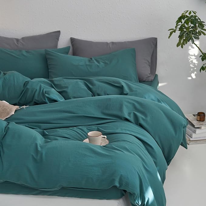 MooMee Queen Duvet Cover Set, 100% Washed Cotton Linen Like Twill Thick Sturdy Material Super Soft Breathable Durable Bedding for All Season, 3 Pieces (Green, Queen 90"x90")