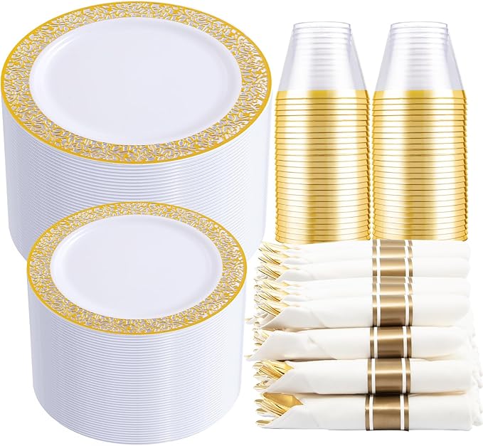 DaYammi 210 PCS Gold Plastic Plates, Gold Plastic Dinnerware Sets, Includes: 30 Dinner Plates, 30 Salad Platos, 30 Pre Rolled Napkins with silverware,30 Cups 9 OZ, Perfect for Party